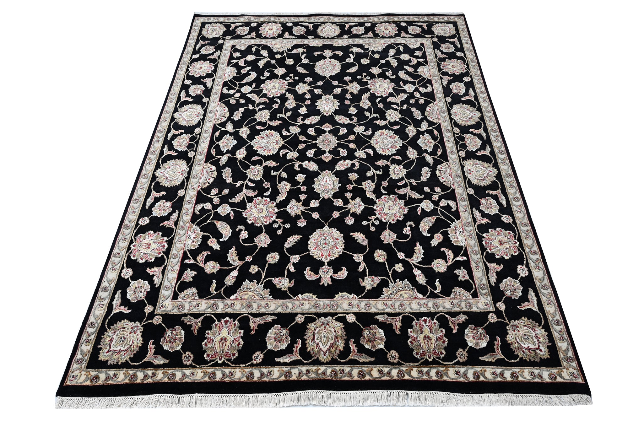 Noorani Wool Silk Black HandKnotted Rug - The Rugs Story