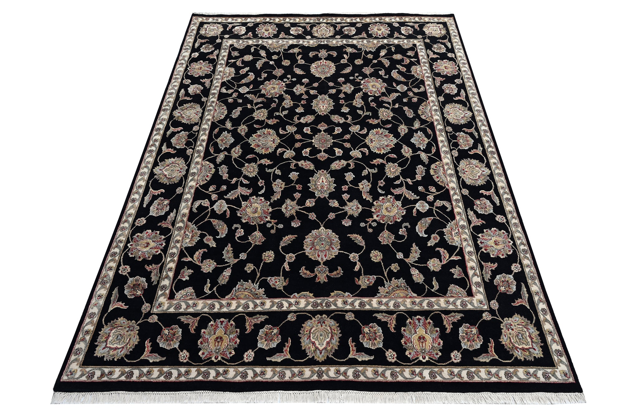 Noorani Wool Silk Black HandKnotted Rug - The Rugs Story