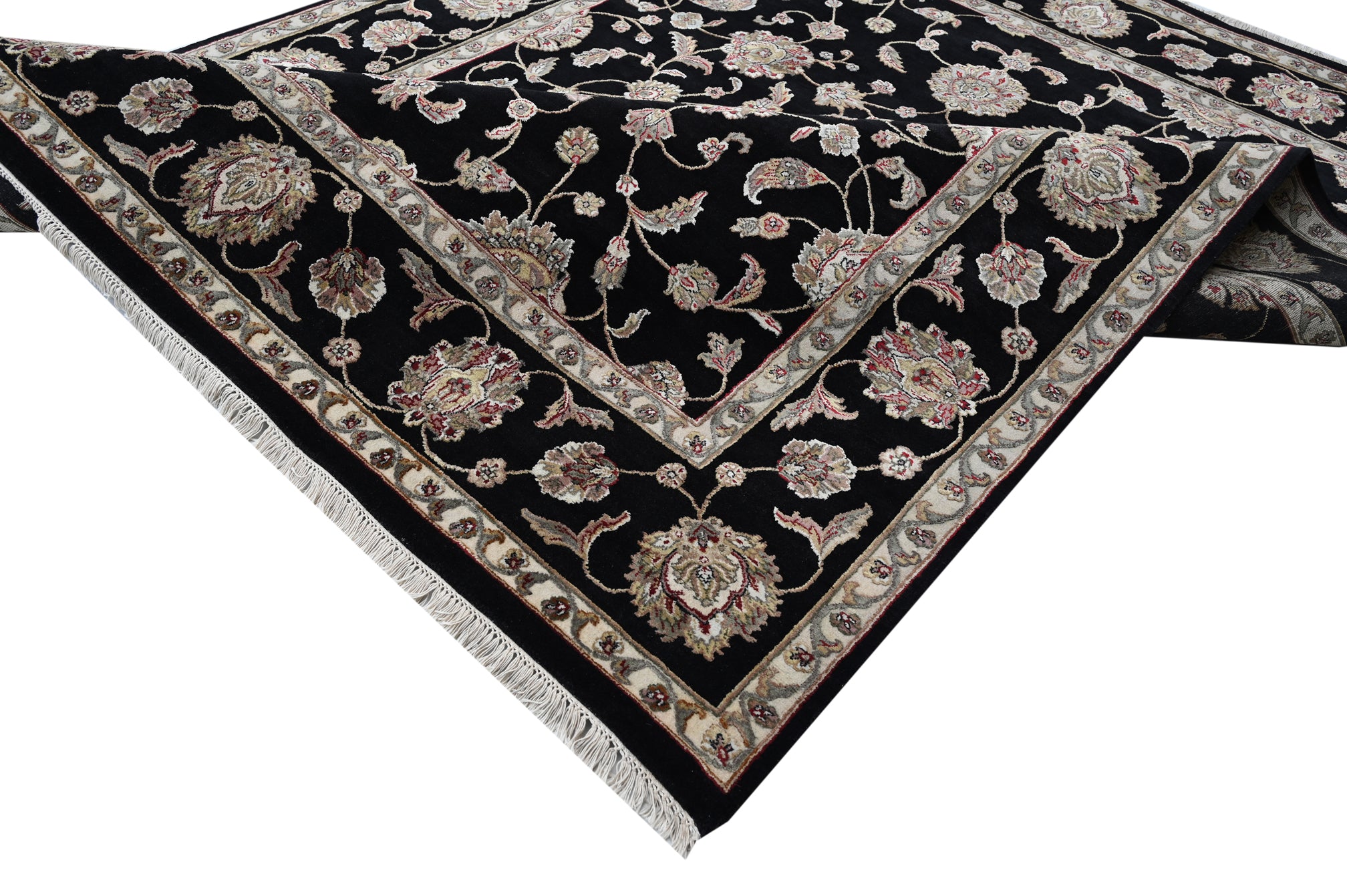 Noorani Wool Silk Black HandKnotted Rug - The Rugs Story