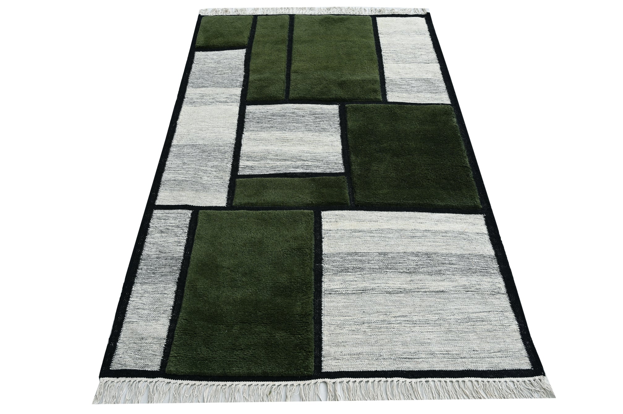 Pebbles and Moss Wool Handwoven Dhurrie - The Rugs Story