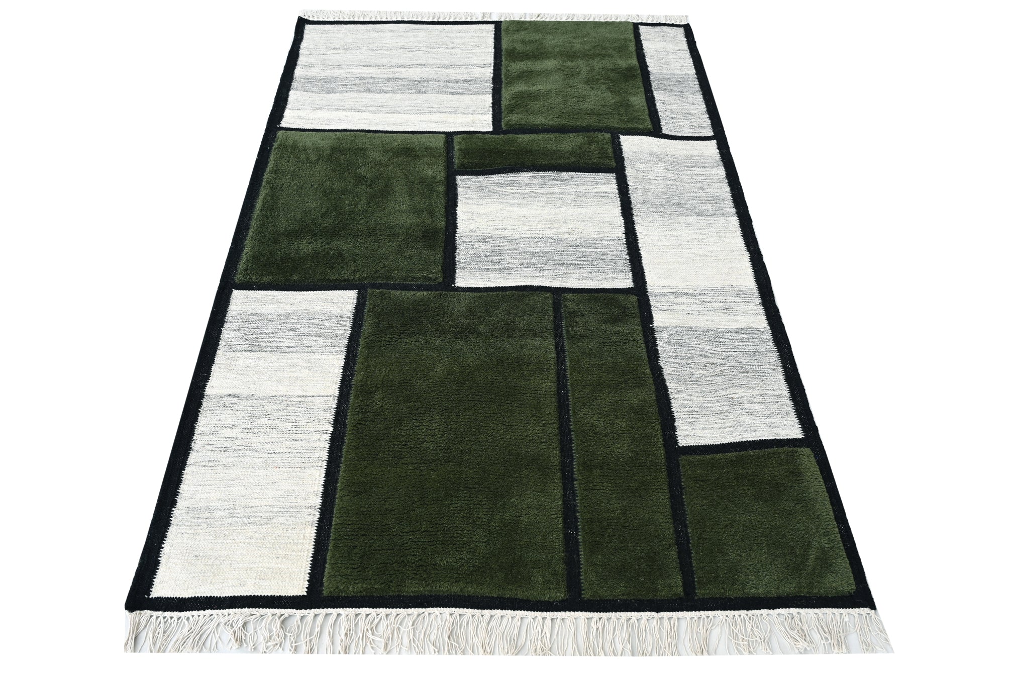 Pebbles and Moss Wool Handwoven Dhurrie - The Rugs Story