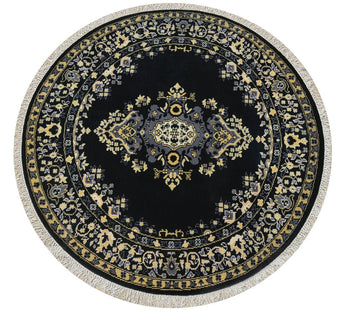Kashan Black Round Handknotted Rug